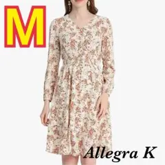 花柄 M ワンピース Vネック ミモレ丈 長袖 ウェストゴム Aライン 春 秋