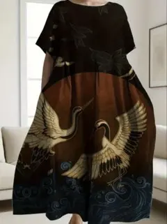 和柄 鶴プリント ロングワンピース ゆったり Aライン 体型カバー 和モダン