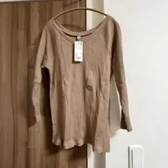 UNIQLO リブVネックT 七分袖 ブラウン XL
