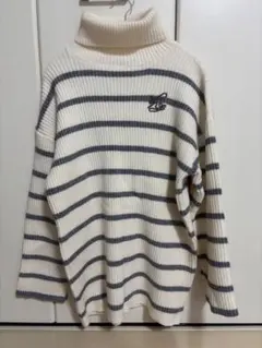 ナイスクラップ　アイボリーグレー ストライプ ニットセーター Fサイズ