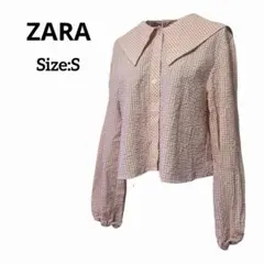 【ZARA】ザラ ギンガムチェック ビッグカラー ブラウス ピンク Sサイズ