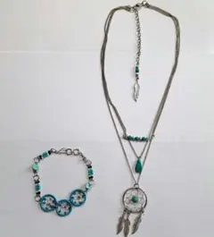 インディアンジュエリー、ドリームキャッチャーのネックレスとブレスレットのセット