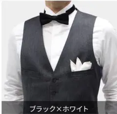 ブラック×ホワイト 蝶ネクタイ、ポケットチーフ シルク製