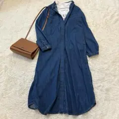 サマンサモスモスブルー✨スタンドカラー デニムシャツワンピース ロング丈 F