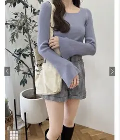 GRL グレイル グレイル スクエアネックフレアスリーブリブニットトップス