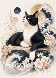 一作限り】月夜の紫陽花とハチワレ猫 C903 猫 ハチワレ 長毛猫 紫陽花
