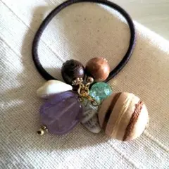 ヘアゴム　大人　アクセサリー　ウッドビーズ　アメジスト　ナチュラル系アクセサリー