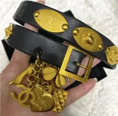 CHANEL 黒 ヴィンテージ レザー ベルト ゴールド金具 シャネル