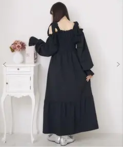 オフショルダー リボン ロングワンピース 黒