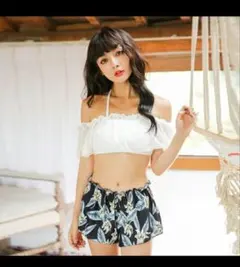 フリル付きホワイトブラ・花柄ショーツ水着 Lサイズ 3点セット