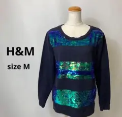H&M スパンコール ロンT キラキラ M 紺色 ネイビー スウェット 長袖
