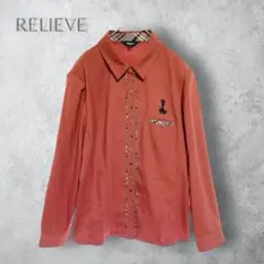 【RELIVE】　刺繍　長袖シャツ　レトロ　大きいサイズ　洗える　ブラウン　茶色