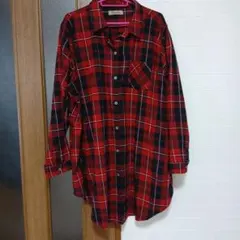 レッド・ブラック チェック柄 ロングシャツ