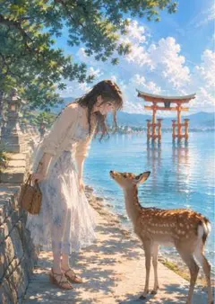 【イラスト】海辺の鳥居と鹿 アートポスター