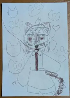 【 手描き 】 猫耳 キャラクター の 児童画 両面