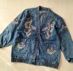90s レトロ 刺繍 デニムブルゾン ジャケット スナップボタン ブルー
