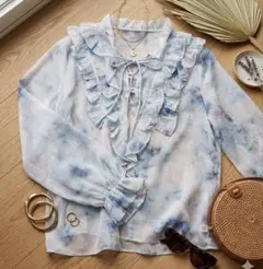 韓国風 フリル付き ブルー ホワイト タイダイ 長袖 ブラウス シースルー M