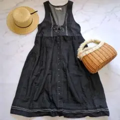 ケティ デニム フリル刺繍 ピンタック ジャンパースカート ワンピース ベルト