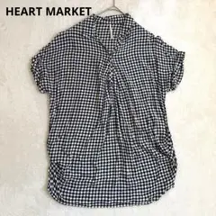 ハートマーケット ギンガムチェック 半袖チュニック ブラウス 麻混 Fサイズ