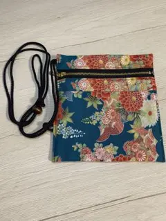 ☆セール☆ お祭り　和柄財布　ポシェット　外ポケット付き　 花柄緑