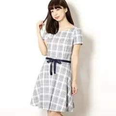 【LAISSE PASSE】NEWグレンチェックワンピース　スカイブルー　38