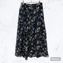 J952ニコアンド 綿100% 花柄 ロングスカート F ネイビー 総柄 完売品