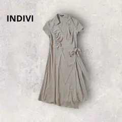 インディヴィ シャツワンピース ラップ風 ウエストリボン Vネック ギャザー