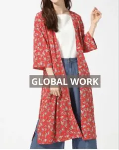 GLOBAL WORK 花柄 ガウン カーディガン レッド　Lのサムネイル