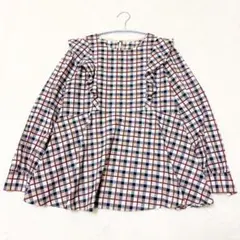 【ブルーレーベル】極美品 チェック柄 フリル ブラウス 接触冷感 ブラウン Mのサムネイル