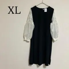 袖レース ロングワンピース 花柄レース 黒系 XL 長袖 切替デザイン ブラック