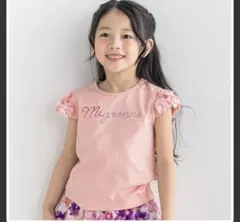 BeBeシフォンフラワー袖ラインストーンTシャツ　120サイズ