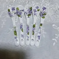紫色の花柄陶器スプーン5本セット