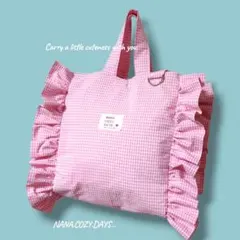 ギンガムチェックピンクの2wayフリルトートバッグ ハンドメイド プレゼントにも