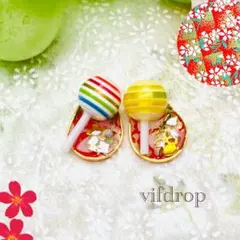 桜チューリップ【赤金格子桜和柄】雫和紙の黄虹色キャンディ和レトロピアス