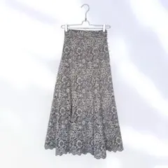 【美品】クチュールブローチ 総レーススカート ロング パール ブルーグレー