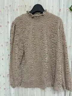 ベージュ レース 長袖 トップス フリルネック