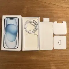 Apple iPhone 15 Blue 128GBの箱と付属品付き