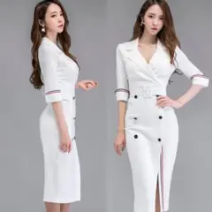 ホワイト タイトドレス 白いワンピース ベルト付き 七分袖 フォーマル 新品