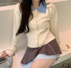 クリーム 水色 カーディガン 金ボタン 襟付き miu系穿搭