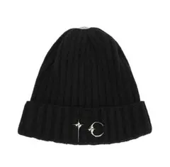 リブ編み 黒 ニット帽 刺繍ロゴ