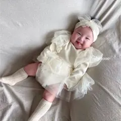 ベビードレス　チュール　衣装誕生日　80相当 子供服女の子 結婚式 ぽわん袖
