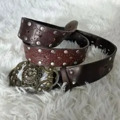 Y2K スタッズ レザー ベルト ブラウン ウエスタン ヴィンテージバックル