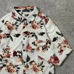 花柄 総柄シャツ ユニセックス とろみ素材 フラワープリント レトロ古着 M 白のサムネイル