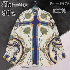 90s Chrome 総柄 長袖シャツ M レーヨン スカーフ柄 メダリオン