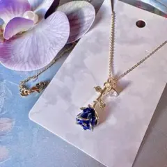 2way青いメタリックの薔薇バラとリングのネックレス～ブルー メタルフラワー