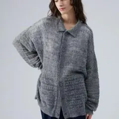 カーディガン グレー 襟付き メッシュニット 薄手