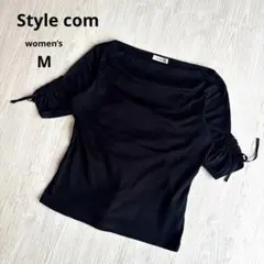 【スタイルコム】 袖ギャザー カットソー リボン付 ブラウス M 黒 美品
