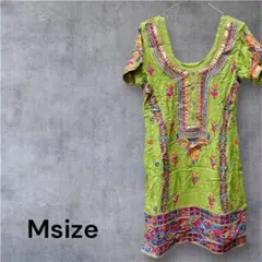 海外古着♡エスニック 刺繍 グリーン 半袖 チュニック 【M】