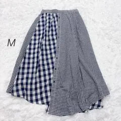ギンガムチェック 切替フレアスカート シャツ風 ブルー系 アシンメトリー M