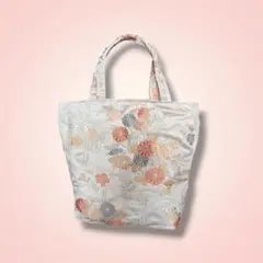 【帯リメイク】ミニトートバッグ　正絹　花模様　マグネットボタン　ハンドメイドのサムネイル